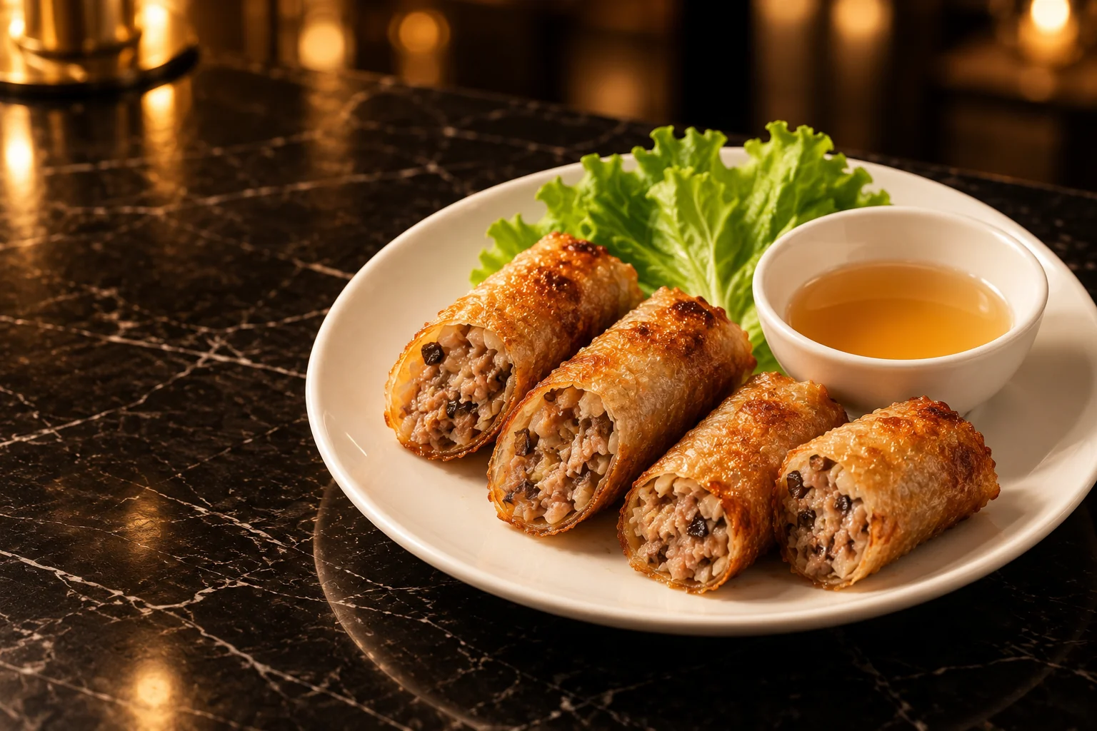 Quatre nems au porc dorés, avec de la salade et une sauce.