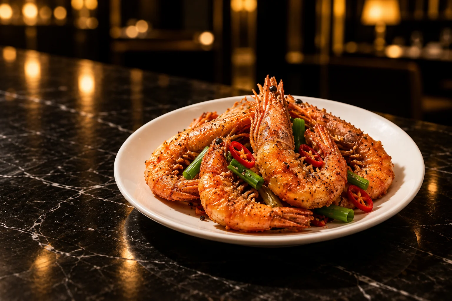 Des crevettes en coque sel et poivre, avec piment rouge et ciboule.