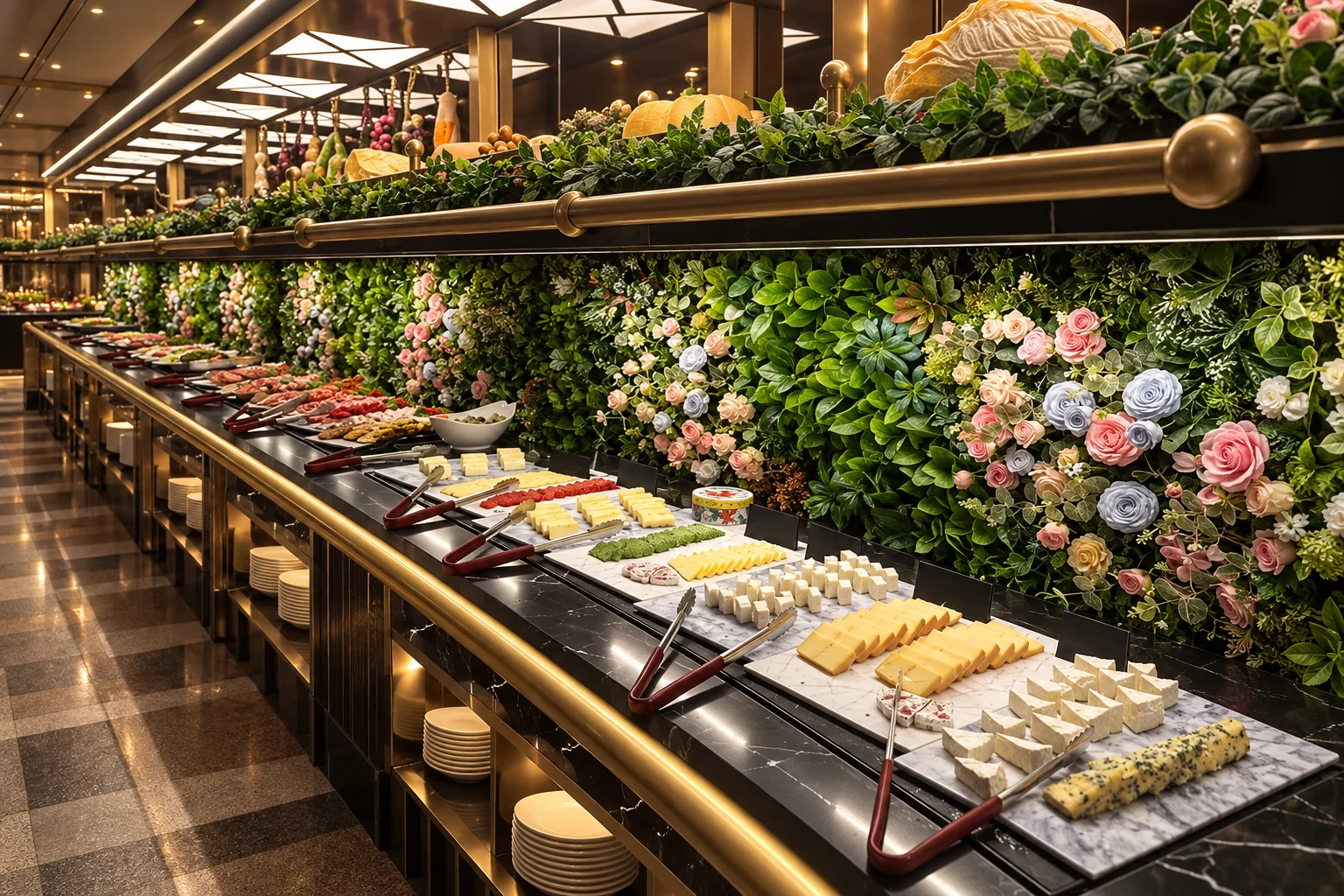 Plateaux de fromages et de fruits sur le buffet, devant un mur de fleurs et de feuillage.