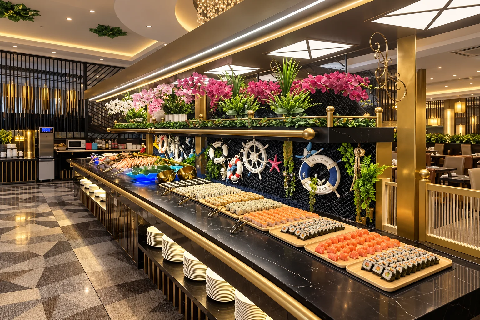 Le comptoir des sushis et des fruits de mer, avec un décor marin en fond.