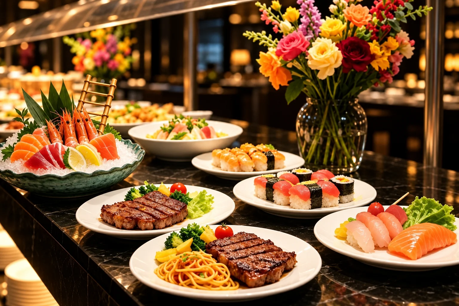 Des assiettes de grillades, de nouilles, de sushis et de sashimis devant un bouquet de fleurs.