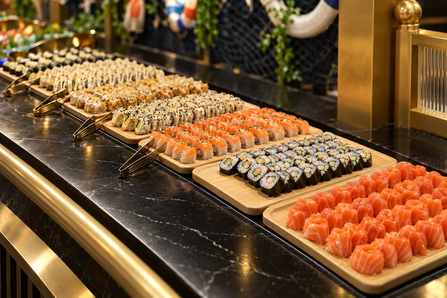 Des plateaux en bois de makis et de sushis au saumon, posés sur le comptoir noir.