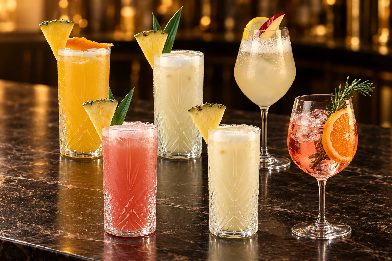 Six boissons colorées dans des verres, sur un comptoir en marbre noir.