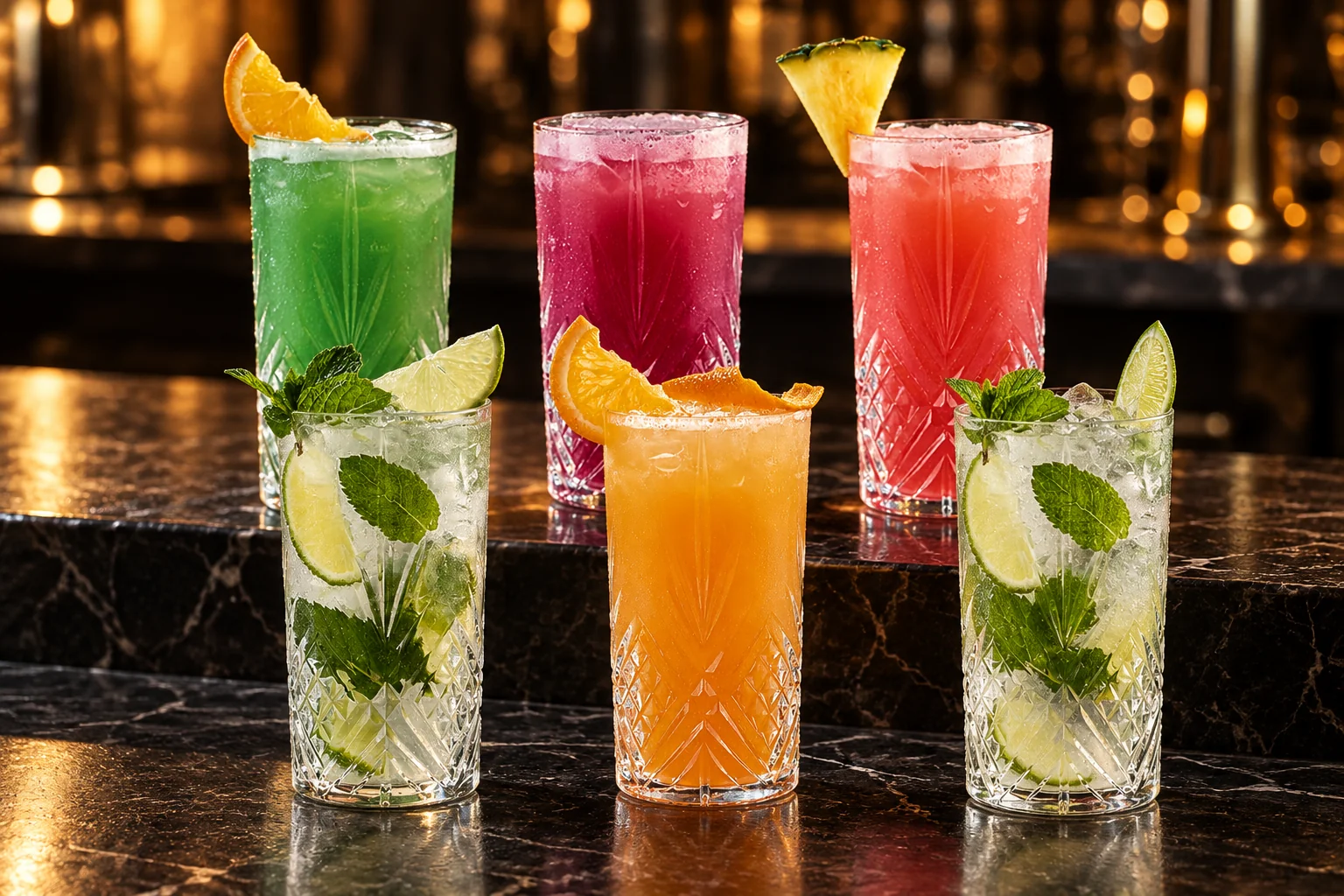 Six autres boissons colorées, avec menthe, citron vert et orange, sur un comptoir en marbre noir.