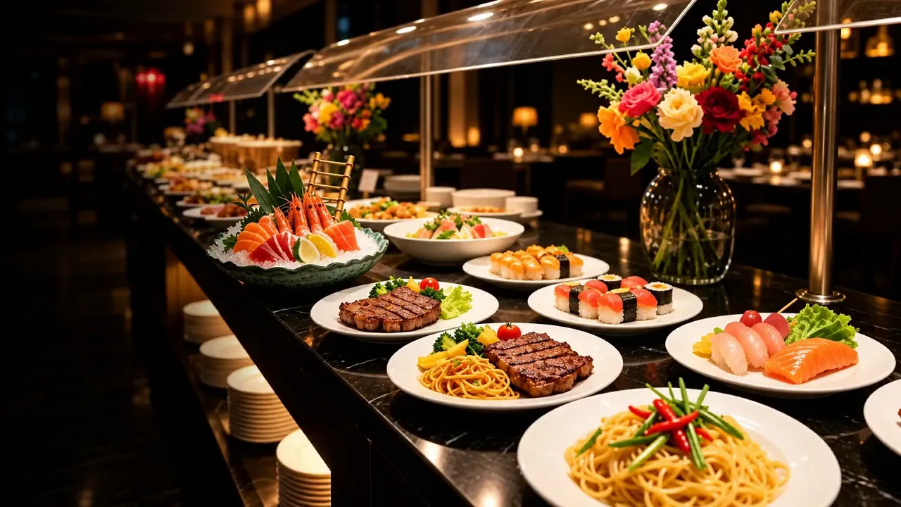Un comptoir de buffet vu en perspective : assiettes de grillades, de nouilles, de sushis et de sashimis devant un bouquet de fleurs.